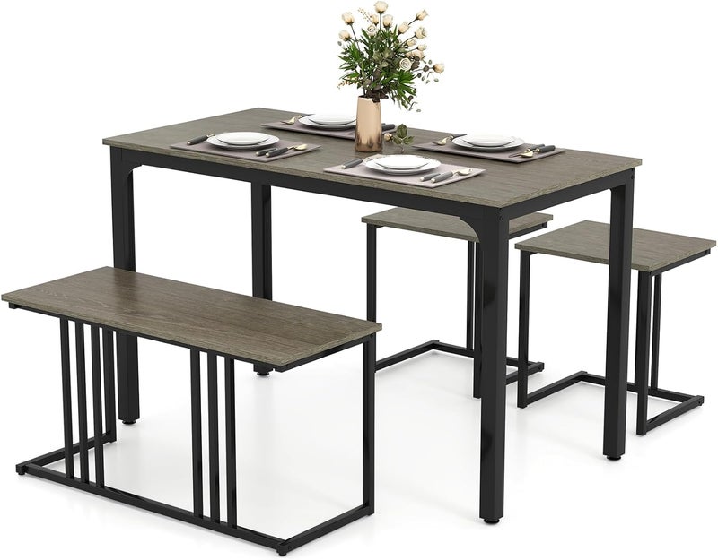 Giantex 4-Piece Dining Table Set for 4, Modern Kitchen Table and Chairs, Nesting Furniture Set with Bench & 2 Stools, Space-Saving Desk Set, Dinette Set for Small Place, Dining Room Restaurant (Grey) - Image 1